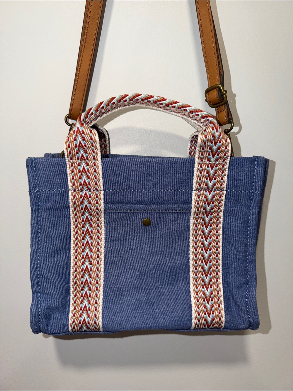 a.n.a. Chambray Blue Brown Western Trim Faux Leather Crossbody Strap Mini Tote